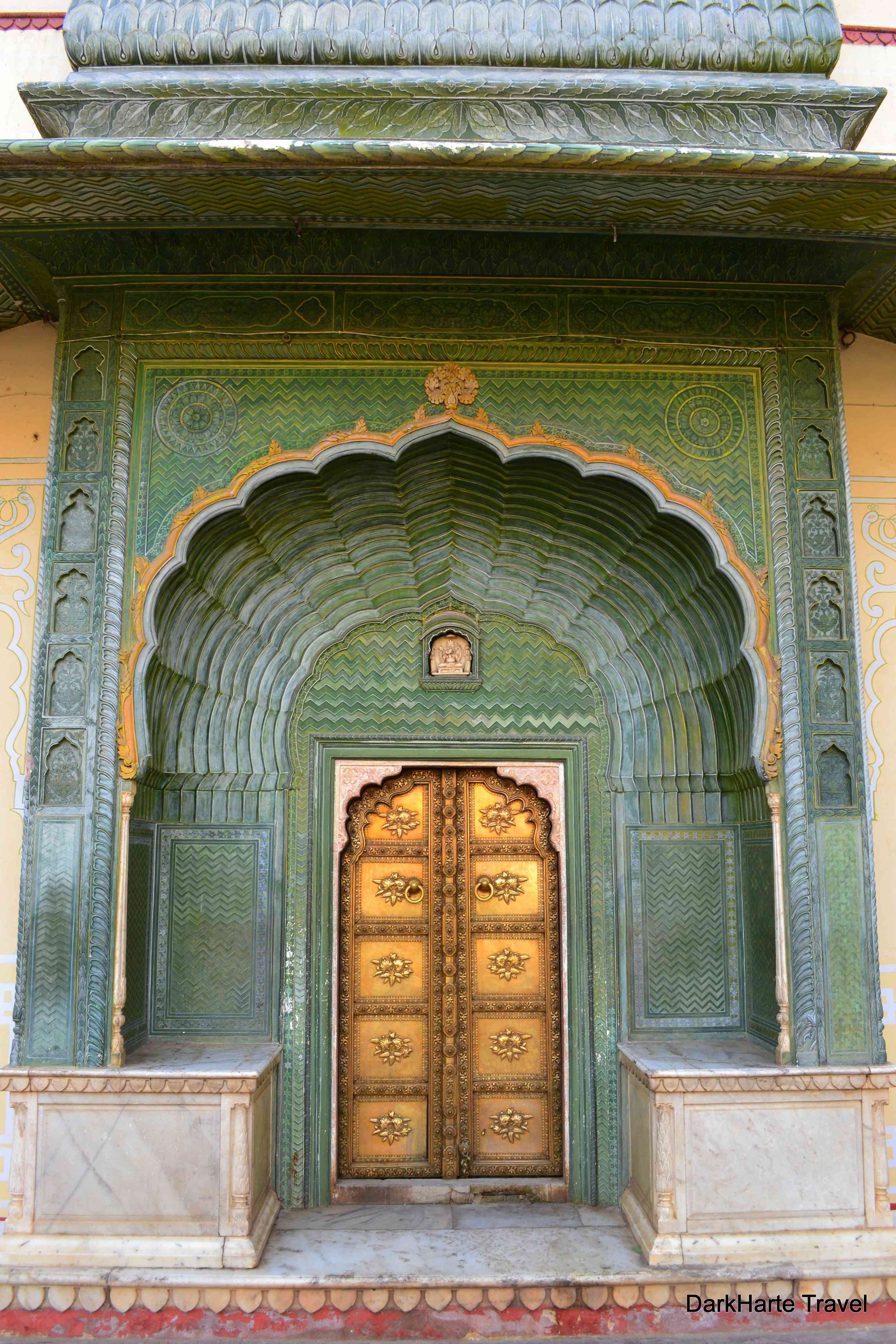 Close-up of the green doorway dedicated to Lord Ganesha.